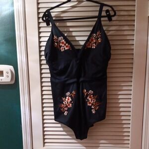 City Chic Black and Orange One Piece Swimsuit with Floral Embroidery